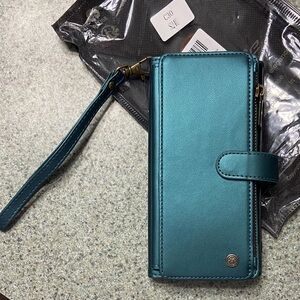 Samsung Galaxy S24 ultra Teal Wallet Phone Case with Wrist Strap